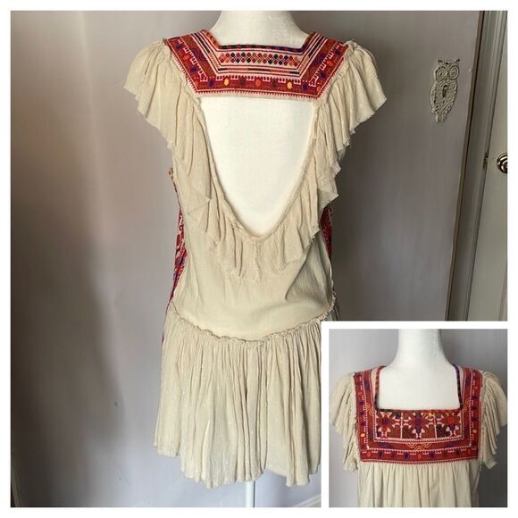 Free People boho embroidered cotton gauze V-back flutter sleeve popover dress - Picture 1 of 15